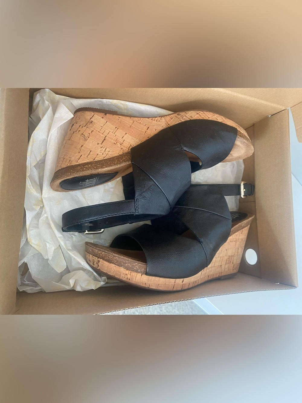 Sofft Black Leather Cork Wedge Slingback Sandals
